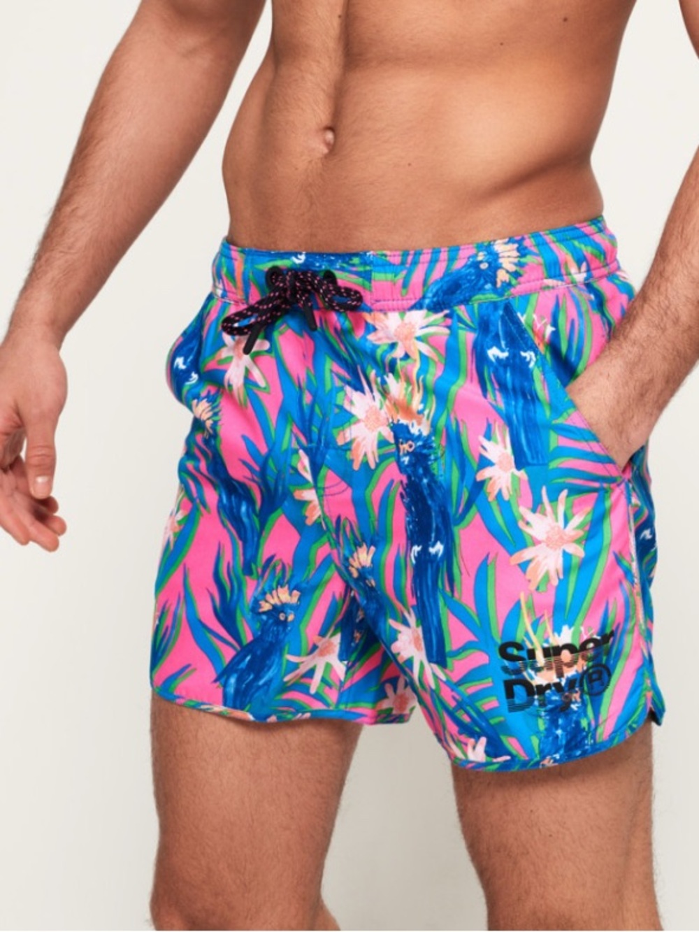 Superdry Men’s Echo Racer Swim Shorts vibrant multi-colored parrot print Size M